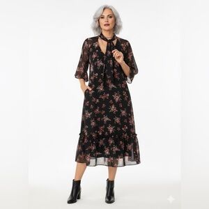 CITY CHIC Floral Chiffon Midi Dress Tie Neck Ruffle Hem Plus Size 22 🌸🖤